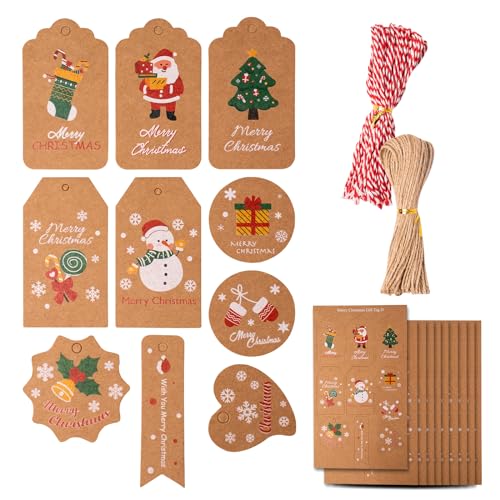 ZYDYRX 100 pcs Weihnachts Geschenkanhänger Hängeetiketten Christmas Tags 6 Formen Xmas Braun Kraftpapier Etiketten Anhänger mit Farbschnur und Jute Schnur für Weihnachtsdekoration Kunsthandwerk D von ZYDYRX