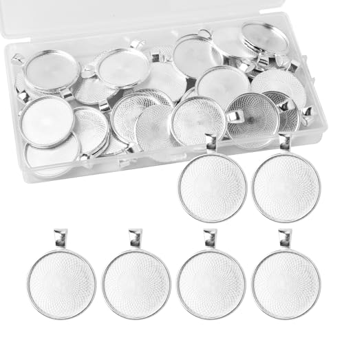 ZYDYRX 40 Stück Anhänger Tablett Set Runder Anhängersockel Silberfarben Flacher Runder Lünetten Anhänger 25MM Runde Anhänger Basis für DIY Handwerk Foto Schmuck Schlüsselanhänger Machen von ZYDYRX