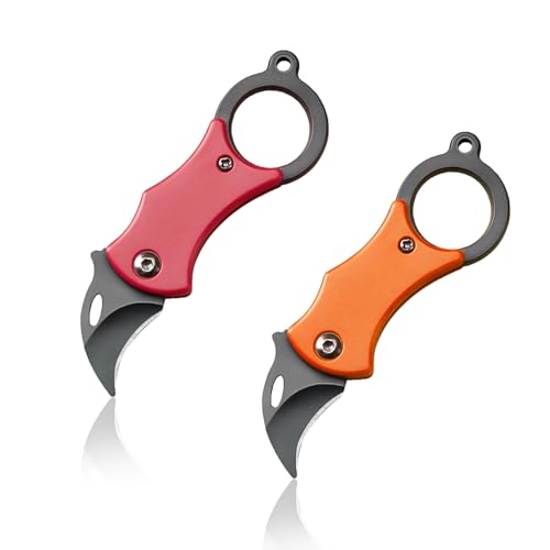 ZYETGH 2 Stück Mini Taschenmesser, Klappmesser Klein Faltbar EDC Messer Schlüsselanhänger Messer mit Kette für Outdoor Survival Camping und Jagd (Orange+Rot) von ZYETGH