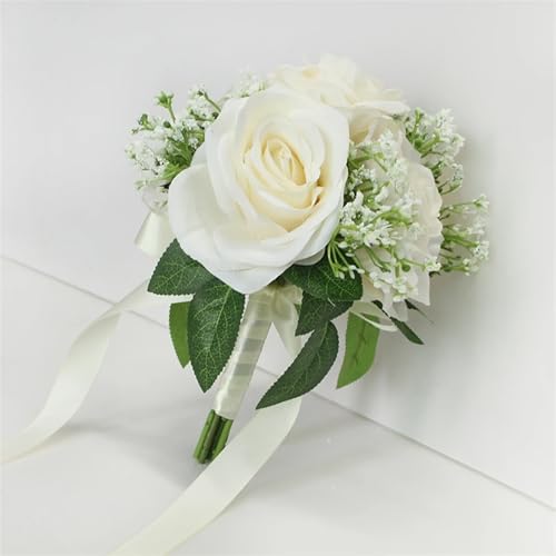 ZYFHYU Handstrauß Künstliche Rosen Blumen Bouquet Seide Gefälschte Blumen Hochzeit DIY Hause Tisch Vase Dekoration Faux Flores(White) von ZYFHYU