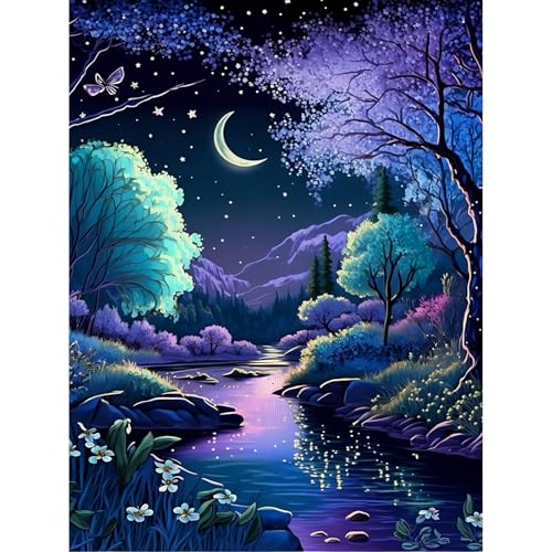 5D Diamond Painting Bilder,Diamond Painting Friedliche Nachtlandschaft, Diamant Painting Mond und Bach, Diamond Art Erwachsene DIY Diamant Kunst Malerei Stickerei Set für Home Wand Dekor 30x40cm von ZYJBD