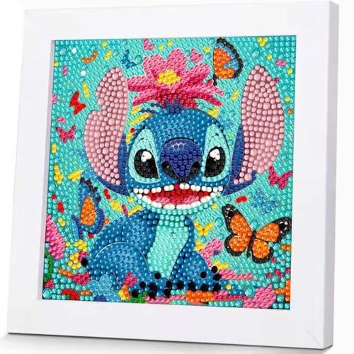 5D Stitch Schmetterling Diamond Painting ,Cartoon Anime diamond painting Mit Holzrahmen,Vollbohrer DIY Blumen Diamant Painting,Mosaik Kunst Kit,für Kinder und Anfänger,als Wanddekoration,17 x 17 CM von ZYJBD