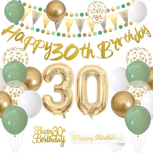 ZYKORT 30 Geburtstag Dekorationen für Männer Frauen Salbeigrün Deko 30 Geburtstag Kuchendeko Grün Weiß Gold Ballon Deko mit Happy 30th Birthday Banner Schultergurt von ZYKORT