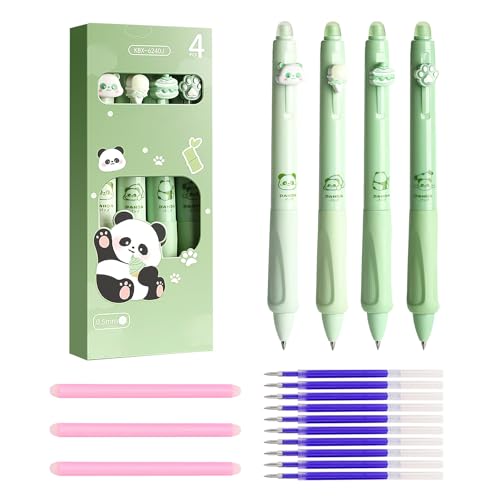 ZYNERY 17Stk Radierbarer Kugelschreiber Stifte Set, 4 Tier-Stifte Panda mit 10 Ersatzminen und 3 Radiergummi, Blau Radierbarer Kugelschreiber für Studenten Geschenk, Schul Bürobedarf (Grün - Panda) von ZYNERY