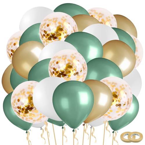 ZYNERY 80 Stück Set Luftballons Grün Weiß Und Gold + 2 Rollen Ballongurte, Luftballons Mit Goldenem Konfetti, Luftballons Set Für Hochzeit Geburtstags Taufe Party von ZYNERY