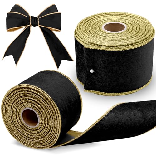 ZYNERY Weihnachts-Samtband, 6,3 cm, 9,1 m, Schwarz und Gold, Drahtband mit goldenem Rand, Samt für dekorative Weihnachtsbäume, Kranz, Geschenkverpackungen (schwarze Oberfläche mit goldener Basis), 2 von ZYNERY