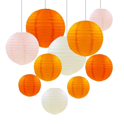 ZYOOO 10 Stück Orange Beige Papierlaterne Lampion rund Lampenschirm (Set 4 Farben à 25cm, 20cm，15cm,10cm) Lampions Hochzeit,Deko Gartenparty,Bride to Be Deko,Herbst Deko von ZYOOO lift