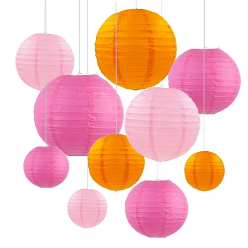 ZYOOO 10 Stück Orange Rosa Papierlaterne Lampion rund Lampenschirm (Set 4 Farben à 25cm, 20cm，15cm,10cm) Lampions Hochzeit,Gartenparty Deko,Bride to Be Deko,Herbst Deko von ZYOOO lift