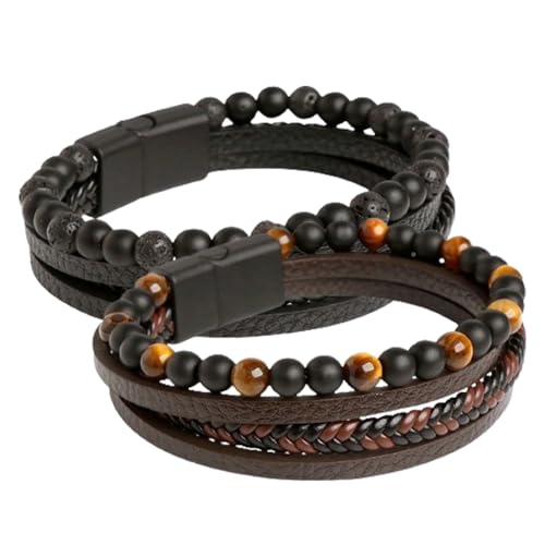 ZYXZHXhxll Natürliche Achat Stein Leder Perlen Armband, Leder Armband Naturstein Verstellbare magnetische Schließe Armband (Type E) von ZYXZHXhxll