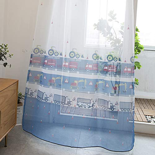 ZYY-Home curtain 2 Panels Sheer Tüll Vorhänge Voile Bestickte Cartoon nutzfahrzeug Muster Semi Transparent für Schlafzimmer Vorhänge Volant Öse Fenster,Blau,W140xL270cm von ZYY-Home curtain