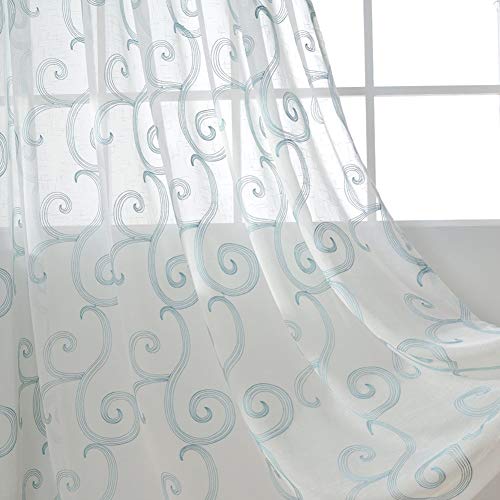 ZYY-Home curtain 2 Stück Stickerei Leinen Sheer Voile Vorhang Bleistift Falte Transparent Gardinen Wohnzimmer Kinderzimmer Schlafzimmer Balkon Tüll Vorhänge,Blau,W120xL140cm von ZYY-Home curtain