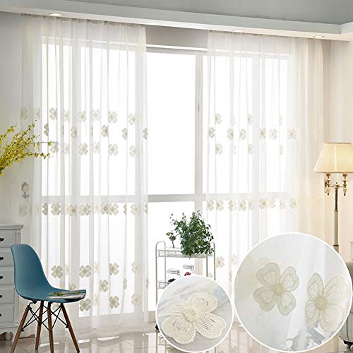 ZYY-Home curtain Blumen Voile Vorhang 2 Stück Bleistift Falte Weiß Tüll Gardinen Baumwolle Faden Stickerei Vorhänge für Kinderzimmer Wohnzimmer Schlafzimmer,Weiß,W175xL140cm von ZYY-Home curtain