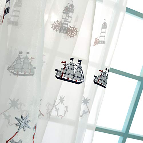 ZYY-Home curtain Kinder Verdunkelungsvorhänge Segelboot Leuchtturm Stickerei Blickdichte Gardinen Ösenschal Kinderzimmer Schlafzimmer Wohnzimmer Vorhang,Voile,W100xL250cm*1piece von ZYY-Home curtain