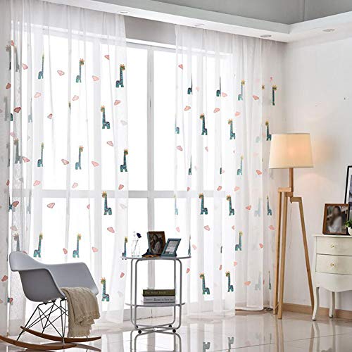 ZYY-Home curtain Stickerei Giraffe Transparent Vorhang Voile Gardinen Kinderzimmer Cartoon Weiche Atmungsaktive mit Ösen Babyzimmer für Schlafzimmer Vorhänge 2 Stücke,Weiß,W100xL250cm von ZYY-Home curtain