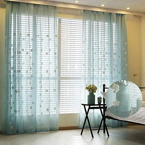 ZYY-Home curtain Stickerei Voile Vorhänge Blume Transparent Vorhang Bleistift Falte Pastoral 2 Stücke für Wohnzimmer Schlafzimmer Kinderzimmer Gardinen,Blau,W100xL250cm von ZYY-Home curtain