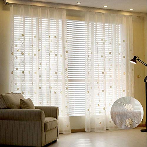 ZYY-Home curtain Stickerei Voile Vorhänge Blume Transparent Vorhang Bleistift Falte Pastoral 2 Stücke für Wohnzimmer Schlafzimmer Kinderzimmer Gardinen,Weiß,W140xL270cm von ZYY-Home curtain