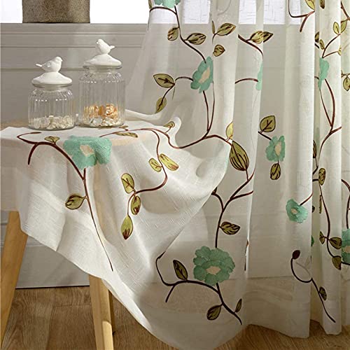 ZYY-Home curtain Stickerei Vorhänge Weiche Atmungsaktive Blumen Voile Vorhänge Mit Ösen Für Wohnzimmer Schlafzimmer 2 Stück,Blau,W120xL190cm von ZYY-Home curtain