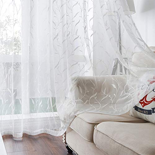 ZYY-Home curtain Stickerei Wohnzimmer Voile Vorhänge Pflanze Muster Sheer Vorhang Bleistift Falte Fensterschal Gardinen,für Kinderzimmer Schlafzimmer 2 Stück,Weiß,W120xL190cm von ZYY-Home curtain