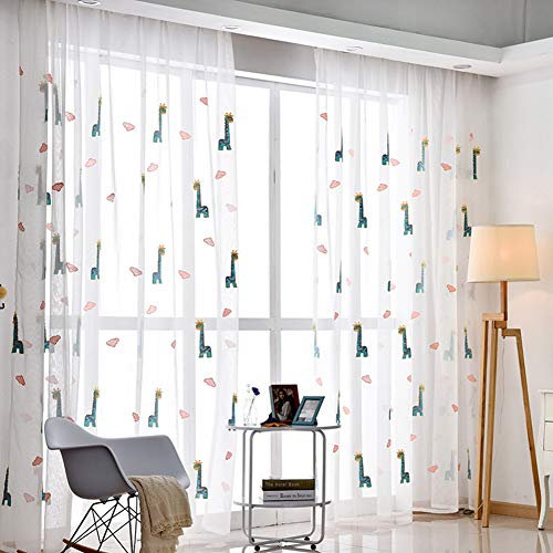 ZYY-Home curtain Vorhang Kinderzimmer Giraffe Stickerei Junge Mädchen Transparent Pencil Pleat Bestickt Voile Cartoon für Schlafzimmer Transparent Vorhang für große Fenster 2 Stücke,Weiß,W140xL270cm von ZYY-Home curtain