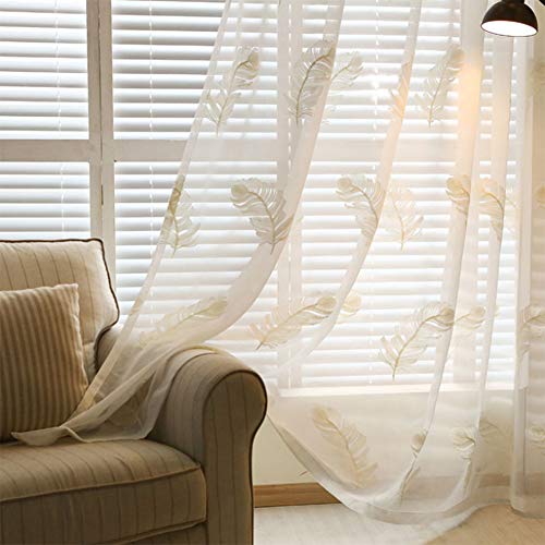 ZYY-Home curtain Weiß Feder Voile Stickerei Vorhänge Kräuselband Fensterschal Transparent Vorhang für Wohnzimmer Schlafzimmer Kinderzimmer 2 Stück,Weiß,W120xL140cm von ZYY-Home curtain