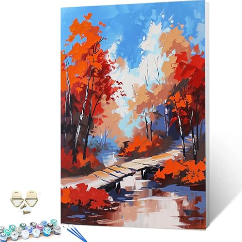 Malen Nach Zahlen Landschaft Malen Nach Zahlen Erwachsene, DIY Paint by Numbers Herbst Painting by Numbers mit 3 Pinseln, Acrylfarben & Knitterfreier Leinwand für Deko Wohnzimmer 20x30CM -252g2B von ZZGBDWOU