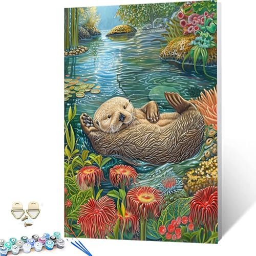 Malen Nach Zahlen Otter Malen Nach Zahlen Erwachsene, DIY Paint by Numbers Tier Painting by Numbers mit 3 Pinseln, Acrylfarben & Knitterfreier Leinwand für Deko Wohnzimmer, Geschenke 30x40cm -252gWP von ZZGBDWOU