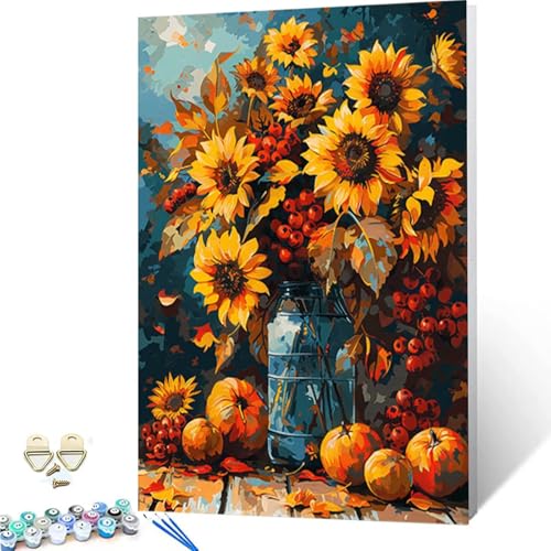 Malen Nach Zahlen Sonnenblume Malen Nach Zahlen Erwachsene, DIY Paint by Numbers Vase Painting by Numbers mit 3 Pinseln, Acrylfarben & Knitterfreier Leinwand für Deko Wohnzimmer (50x65cm) -252gL6 von ZZGBDWOU