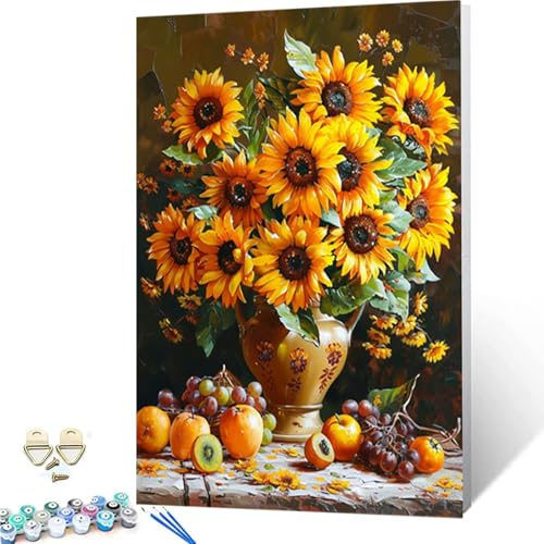 Malen Nach Zahlen Sonnenblume Malen Nach Zahlen Erwachsene, DIY Paint by Numbers Vase Painting by Numbers mit 3 Pinseln, Acrylfarben & Knitterfreier Leinwand für Deko Wohnzimmer 100x135 cm -252g70 von ZZGBDWOU