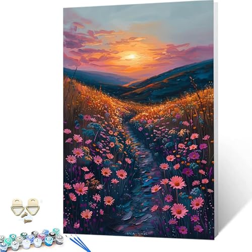 Malen Nach Zahlen Sonnenuntergang Malen Nach Zahlen Erwachsene, DIY Paint by Numbers Landschaft Painting by Numbers mit 3 Pinseln, Acrylfarben & Knitterfreier Leinwand für Zimmer Deko 60x80cm -252g71 von ZZGBDWOU