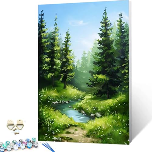 Malen Nach Zahlen Wald Malen Nach Zahlen Erwachsene, DIY Paint by Numbers Landschaft Painting by Numbers mit 3 Pinseln, Acrylfarben & Knitterfreier Leinwand für Deko Wohnzimmer (50x65cm) -252g72 von ZZGBDWOU