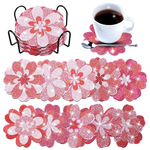 Diamond Painting Untersetzer,10 Pcs Valentine's Day Flower Diamond Painting Coasters Kits with Holder rutschfest hitzebeständig Untersetzer Kawaii Accessoires Geeignet für Familien Restaurant von ZZHBSR