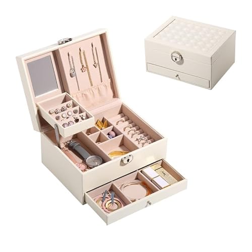 Schmuckschatulle, Organizer, Schmuckaufbewahrungsbox, große Kapazität, doppellagig, multifunktionale Schmuckschatulle für Ringe und Halsketten mit Schloss, Geschenkbox, Schmuck-Organizer, klein von ZZHOPEN