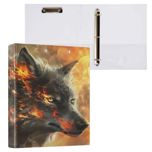 3-Ringbuch mit Wolfs- und Feuer-Muster, 3,8 cm, mit Klemmbrett-Taschen für Schule, 3-Loch-Büroordner, 1 Stück von ZZKKO