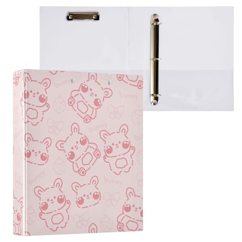 Cute Rabbit Line Handgezeichnetes rosa 3-Ringbuch 3,8 cm mit Klemmbrett-Taschen für Schule, 3-Loch-Büroordner, 1 Stück von ZZKKO