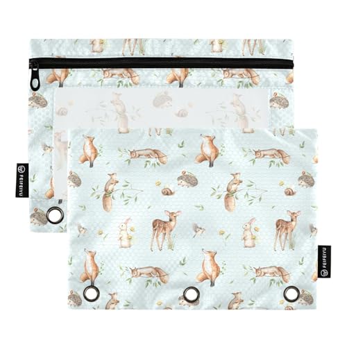 Fawn Federmäppchen mit 3 Ringen, Igel, Fuchs, Hase, Eichhörnchen, Vogel, Federmäppchen mit drei Löchern, Federmäppchen für Ordner, Großpackung mit transparentem Fenster und Reißverschluss, für Büro, von ZZKKO