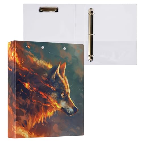 Ordner mit drei Ringen, Wolf mit Feuer, 3,8 cm, mit Taschen, 3 Löcher, Ordner für Schule, Büro, 2 Stück von ZZKKO