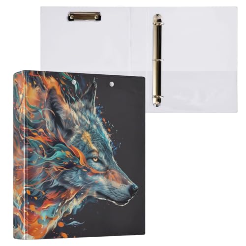 Wolf with Fire 3-Ringbuch, 3,8 cm, Ordner mit Klemmbrett-Taschen für Schule, 3-Loch-Büroordner, 1 Stück von ZZKKO