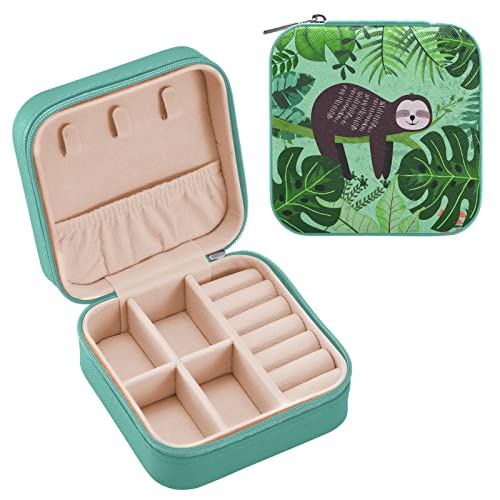 ZZKKO Faultier Tropical Summer Green Kleine Schmuckschatulle Reise Schmuckkoffer Leder Schmuck Reise Organizer Mini Tragbare Aufbewahrungsboxen für Damen Ringe Halsketten Geschenke Grün von ZZKKO