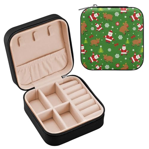 ZZKKO Kleine Schmuckschatulle mit Weihnachtsmotiv, Retro-Claus, Reise-Schmuckkoffer, Leder, Schmuck, Reise-Organizer, Mini-Aufbewahrungsboxen für Damen, Ringe, Halsketten, Geschenke, Schwarz von ZZKKO