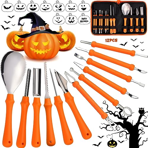 ZZQVIP Halloween Schnitzwerkzeug Kürbis Set, 12 pcs Kürbis Schnitzwerkzeug aus Edelstahl mit Kürbistasche, inklusive 10 Kürbis Schablonen, für Familie und Handwerker Kürbis Schnitzen Werkzeug von ZZQVIP