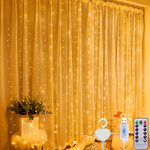 ZZQVIP Lichtervorhang 3 x 3 m in Warmer Farbe, 300 LED Lichterkettenvorhang, USB mit Fernbedienung 8 Modi Haken Fernbedienung Timer für Fenster Party Wand Balkon, Innen und außen Deko von ZZQVIP