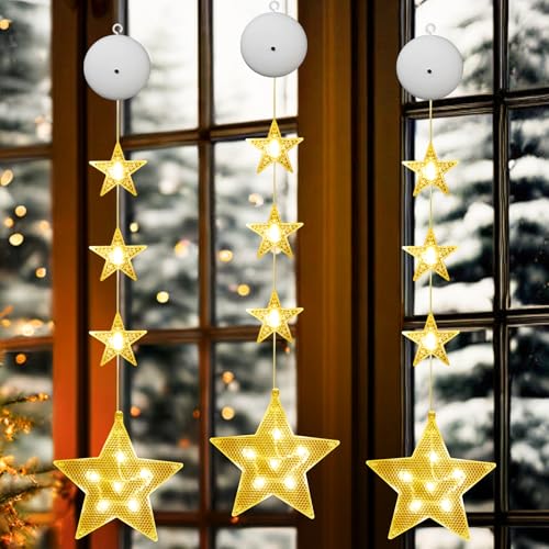 ZZQVIP Weihnachtsstern-Lichterkette mit Saugnäpfen für Fenster, Warmweiße LED Weihnachtsbeleuchtung mit 3 Modi, Batteriebetrieben, Weihnachtsdeko für Fenster, Baum und Wände, Sternschnuppe Design von ZZQVIP