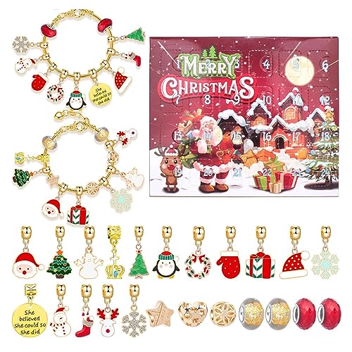 ZZSEAI DIY 24 Tage Weihnachts-Countdown-Kalender-Armbänder-Set, 24 Stücke Weihnachten Schmuck Adventskalender Armband, Schmuckbastelsets Charm Armband Bastelset Geschenke für Mädchen DIY B von ZZSEAI