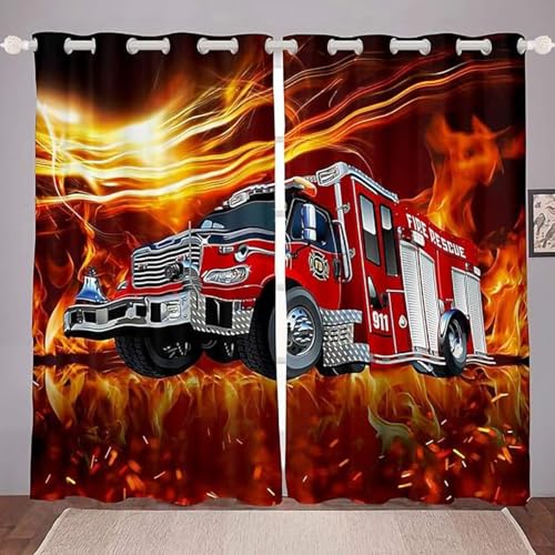 ZZTBQ Feuerwehrauto Kinderzimmer Gardinen mit Ösen Feuerwehrauto Auto Karikatur Rote Feuerwehr Verdunkelungsvorhang 140x160cm Für Jungen Mädchen Kinder Schlafzimmer von ZZTBQ