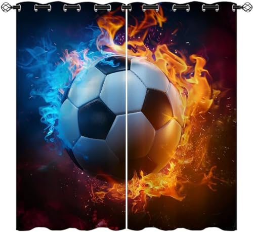 ZZTBQ Fußball Verdunkelungsvorhänge Mit Ösen Flammen Fußball Druck Verdunkelungsvorhang Mit Blickdichten Farben 234x230cm Für Jungen Mädchen Kinder Schlafzimmer von ZZTBQ