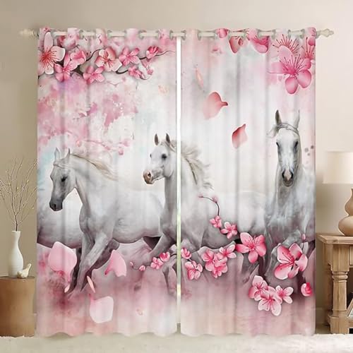 ZZTBQ Mädchen Weißes Pferd Verdunkelungsvorhang Mit Ösen, Frauen Rosa Blüte Blumen Blickdichte Vorhänge 220x215cm Für Jungen Mädchen Kinder Schlafzimmer von ZZTBQ