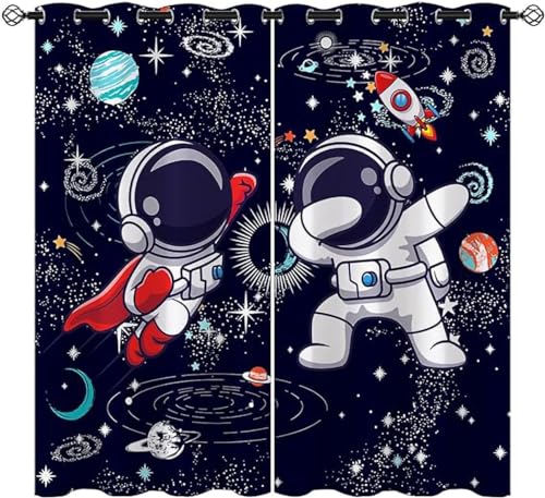 ZZTBQ Weltraum, Astronaut & Raketen Verdunkelungsvorhang Für Kinderzimmer Universum Planet Rakete Blau Gardinen Blickdichter 2er Set Vorhang Verdunkelung mit Ösen 150x166cm von ZZTBQ