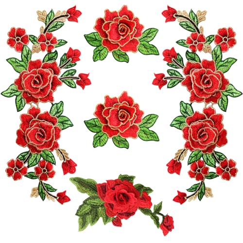 ZZXLLRO 5 x bestickte Rosenblüten-Aufnäher, 3D-rote Blume, zum Aufnähen oder Aufbügeln, Applikation zum Aufnähen für Kleidung, Taschen, Jacken, Jeans, DIY Verzierungen, Handwerk, Dekoration (muss von ZZXLLRO