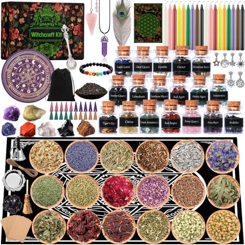 ZZXLOPEZ Witchcraft Starter Kit, Hexen Zubehör mit Kerzen, Trockenblumen, Amethyst Pendel, Kristalle, Holztafeln, Pergamentpapier, Getrommelte Edelstein-Kristallchips für Chimes,Magie,Hexerei,Rituale von ZZXLOPEZ