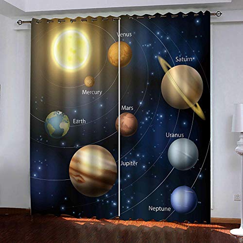 ZZYLCDT Blickdichte Gardinen Verdunkelungsvorhang,Blau Gelb Sonnensystem Planet Elegante Gardinen Wohnzimmer Kinderzimmer Schlafzimmer Küche Modern Junge Vorhange mit Ösen 110x215cm x2 von ZZYLCDT